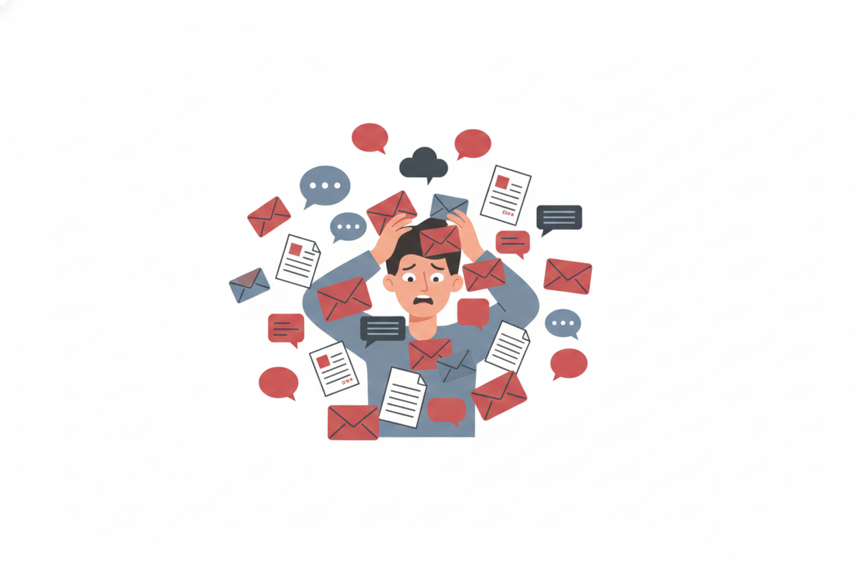 Person overwhelmed with scattered emails and messages